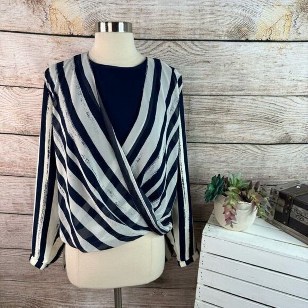 Chico's Brushed Striped Surplice Midnight Navy Top Size 3 16 18